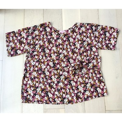 Molly & Isadora Women 2X Floral Side Tie Short Sleeve Blouse Burgundy Pink Multi