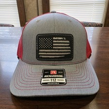 Richardson Gray/Red Adjustable Mesh Back Trucker Hat Flag Patch