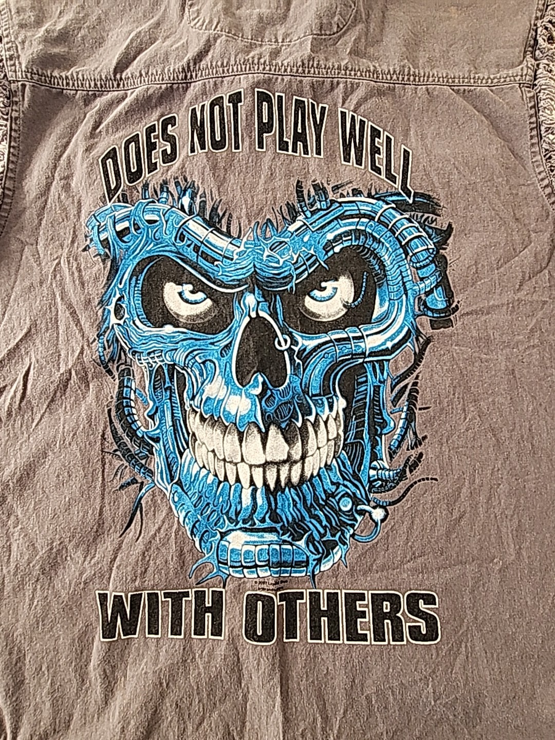 Liquid Blue Skull Biker Vest Shirt Twin V-Twin Does Not Play Well With Others