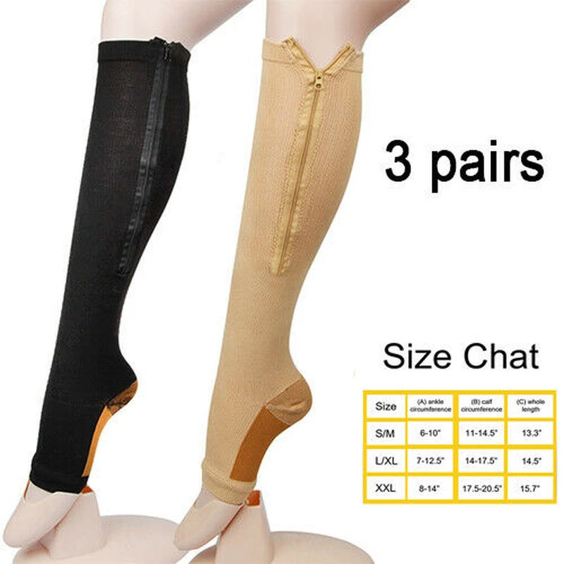 3 Pair Zippered Compression Socks 20-30 mmgh Wide Calf Toeless