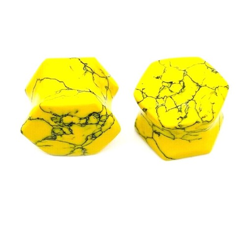 Yellow Turquoise Hexagon Ear Plugs, Double Flare, Handmade PAIR Size 3mm to 50 - Picture 6 of 6