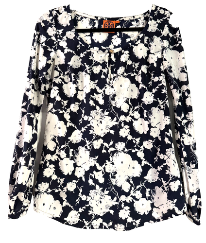 Camicetta Tory Burch in seta con fiori 0 blu navy - Foto 1 di 6