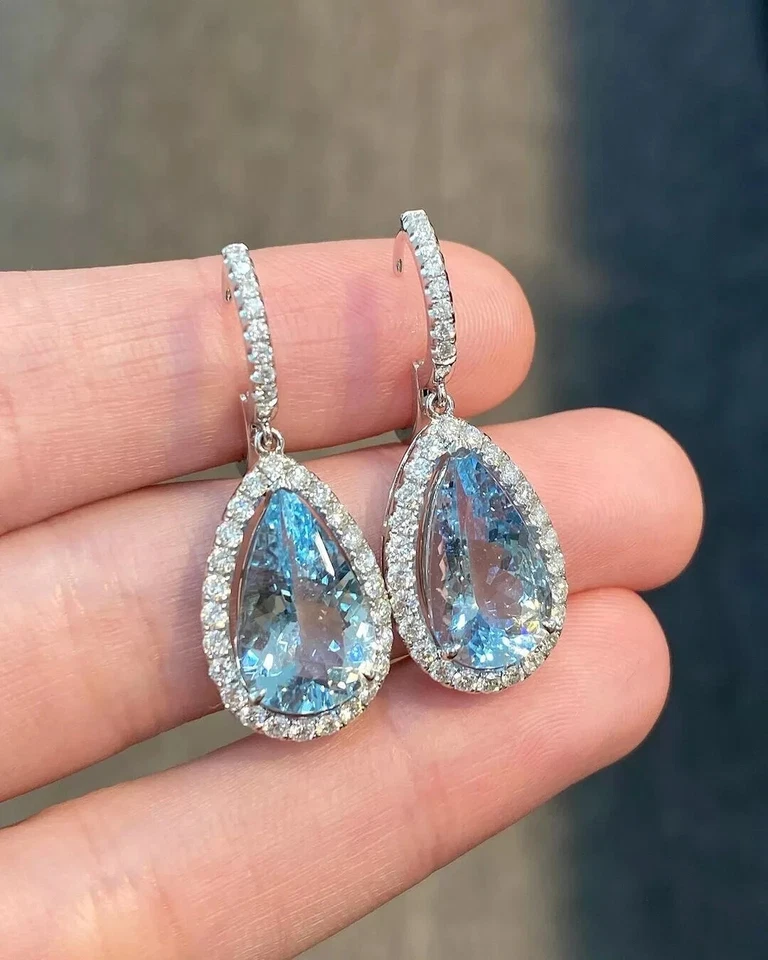 Pendiente de diamantes aguamarina natural corte pera de 7,30 quilates oro blanco macizo de 14 quilates Foto 3 de 4