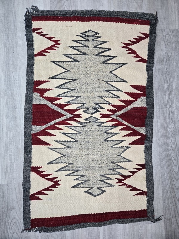 Vintage Navajo Wool Rug 23" X 38" Red Ivory Gray