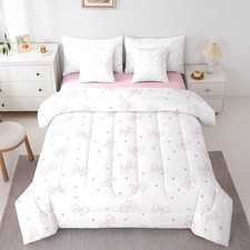 7 Pieces Pink Bows Comforter Set Queen Size, Cute Bowknot Print Bedding Set, ...