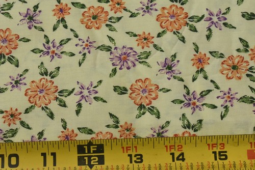 By 1/2 Yd, Vintage, Orange & Purple Floral on Yellow Polished Cotton, B1719