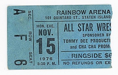 1976 -WWWF Wrestling- Vintage Rainbow Arena-Staten Island, NY Ticket Stub - WWF