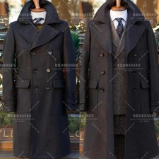 Black Winter Men's Overcoat Outdoor Warm Wool Workwear Offical Formal Long Suit