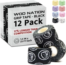 WOD Nation Weightlifting Hook Grip Tape - Bulk Packs of 3, 12, 3-Pack, Black 