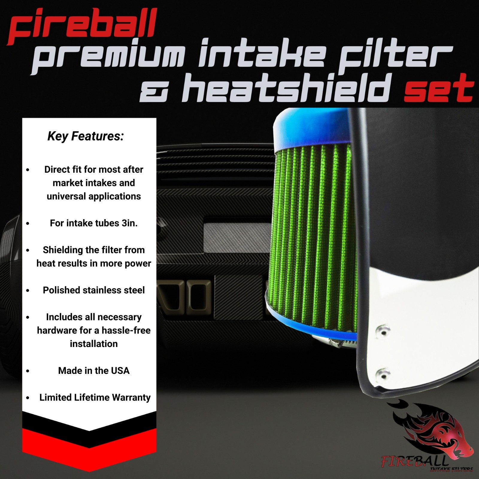 Reusable Cold Air Intake Filter and Heat Shield Kit Universal for Lamborghini