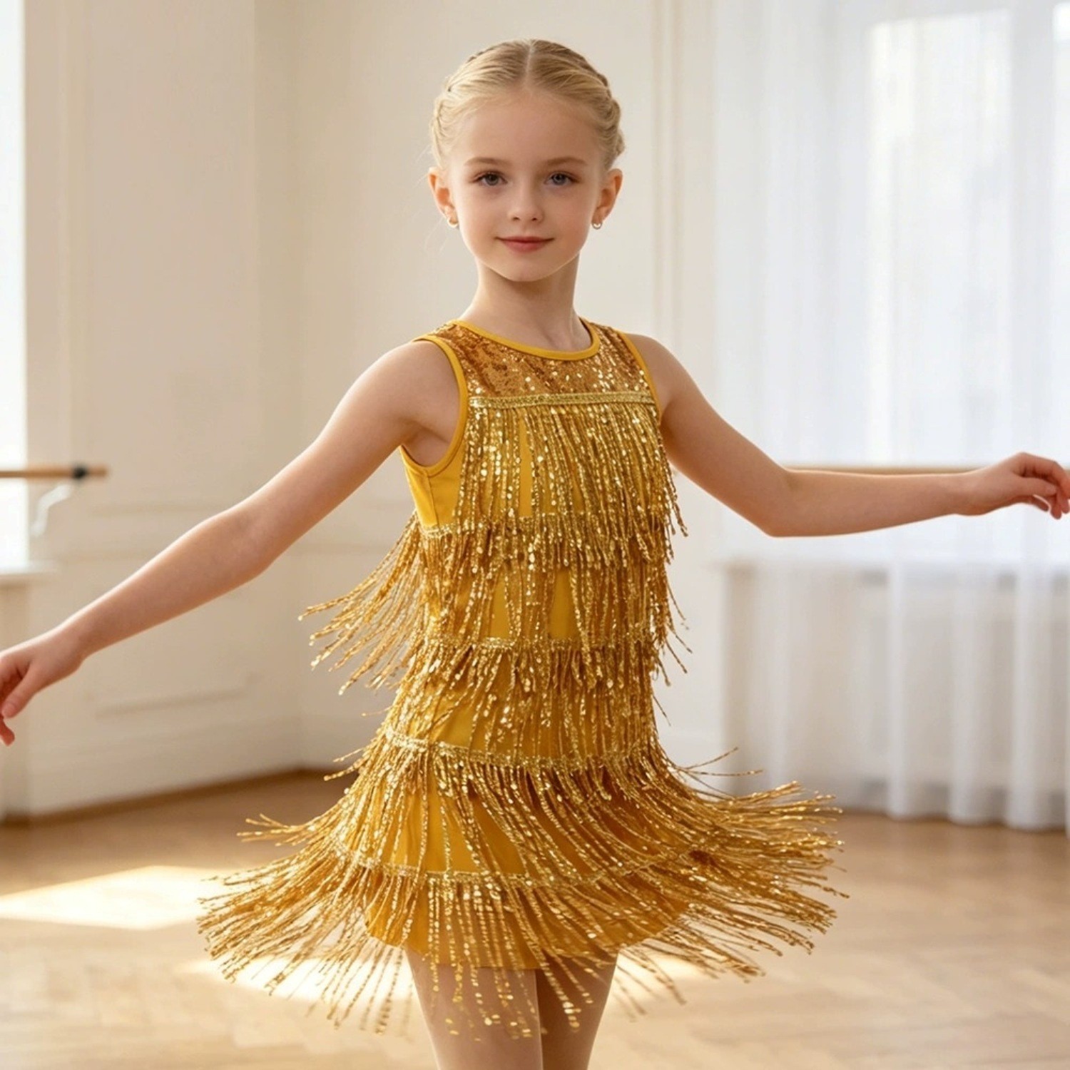 Niños Niñas Disfraz de Baile Latino Rumba Chacha Festival Fiesta Lentejuelas Vestido con Flecos