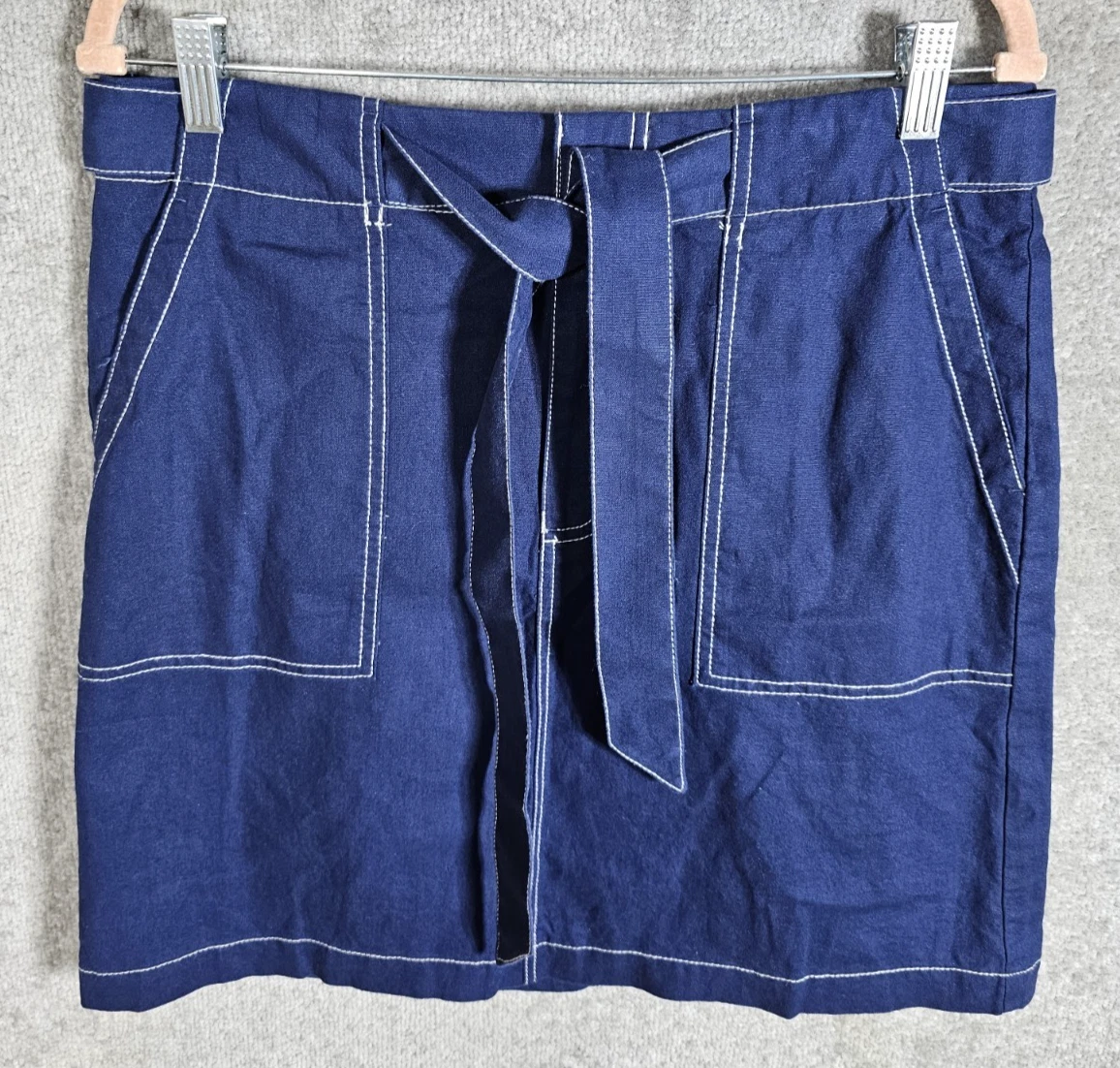 J Crew Linen Blend Utility Skirt Womens Size 12 Blue Pockets Belt Nautical New