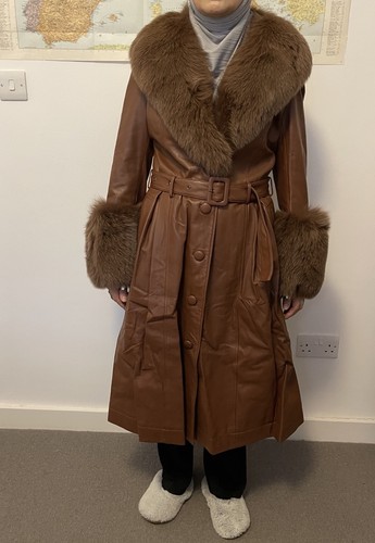 Saks Potts Foxy coat leather belted fox fur Walnut brown size 2 / UK 10-14 - Picture 5 of 11
