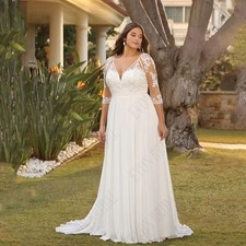Vestido de novia civil talla grande cuello en V chifón bata de encaje línea A vestidos de novia