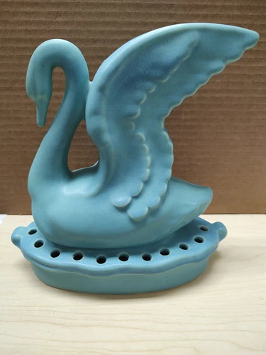 Vintage Van Briggle Art Pottery Large Swan Flower Frog, Ming Blue