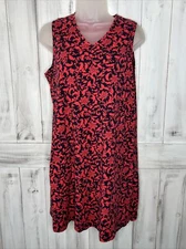 WOMENS LANDS END RED NAVY BLUE  FLORAL SCROLL SLEEVELESS KNIT TANK DRESS SM 6-8