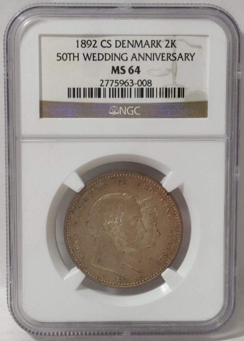 R*a様 1892年 デンマーク 2 クロナー 銀貨ゴールデン ウェディング 1892 DENMARK 2 KRONER SILVER COIN 50TH WEDDING ANNIVERSARY NGC MS