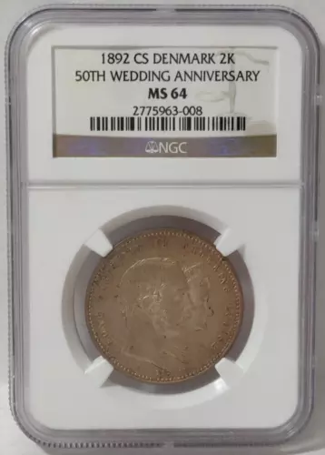 1892 DENMARK 2 KRONER 50TH WEDDING ANNIVERSARY NGC MS 64
