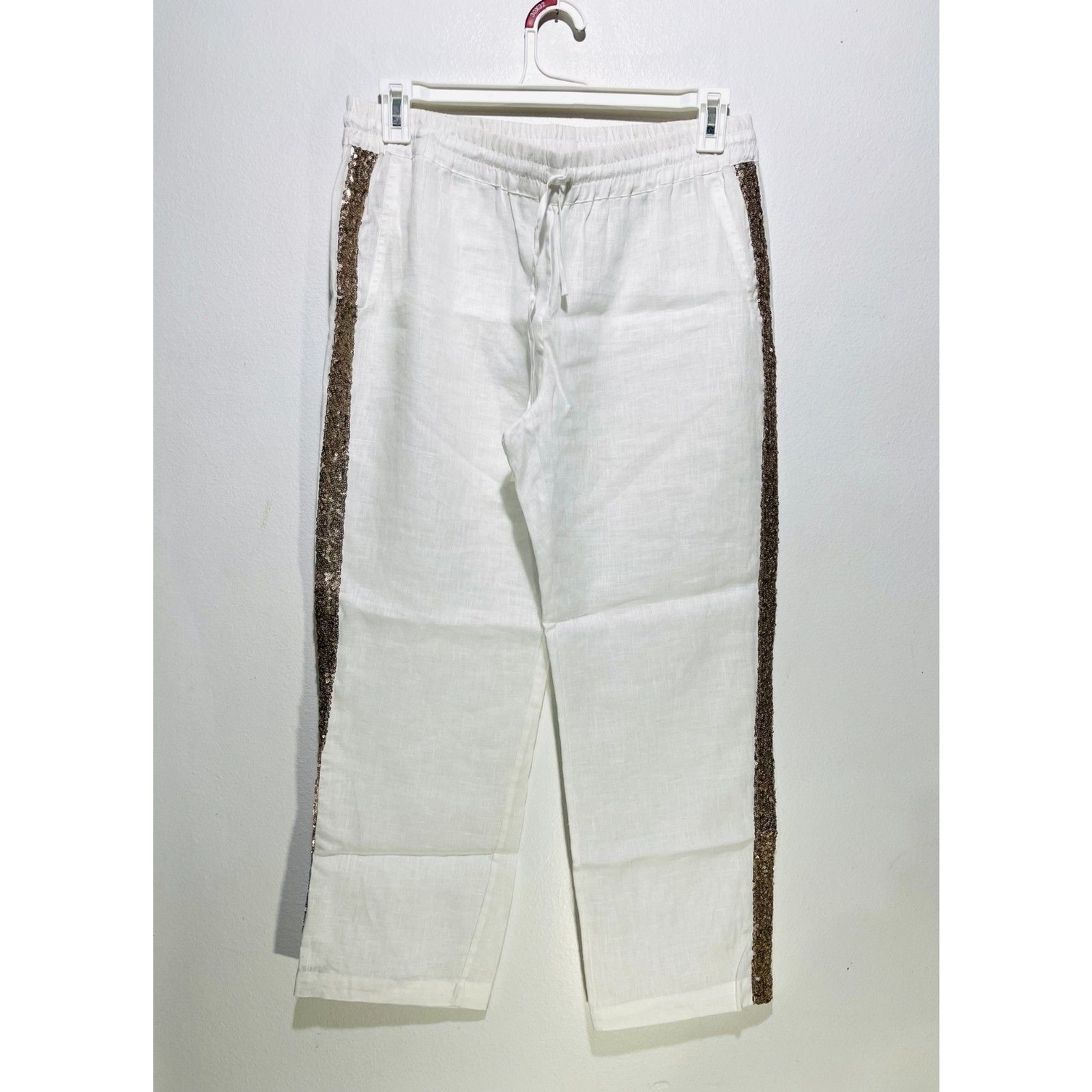 Zigna Lino Lavandería Lino Cheer Pull On Pantalones Lentejuelas Blanco Mujer 44 Nuevo
