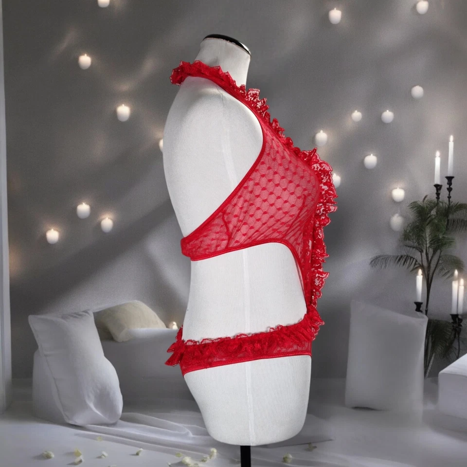 Vintage Fredericks of Hollywood Trashy Teddy Bodysuit Lingerie Size L Heart Mesh - Image 2 of 4