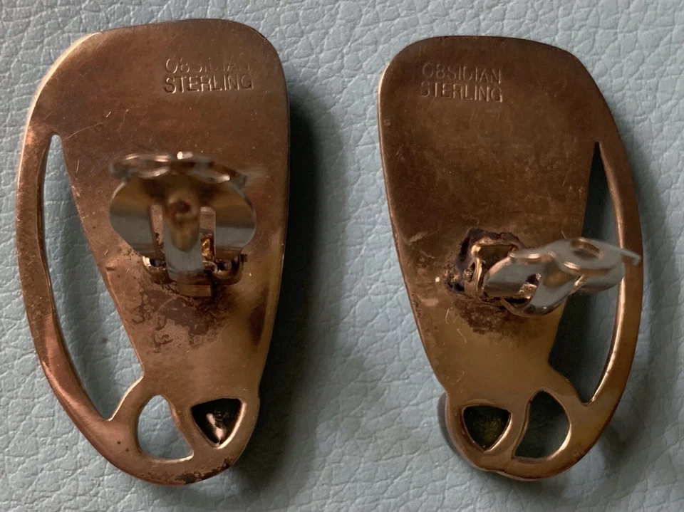 Vintage OBSIDIAN Sterling Silver Peridot Green Clip On Earrings 1984 - Image 4 of 4