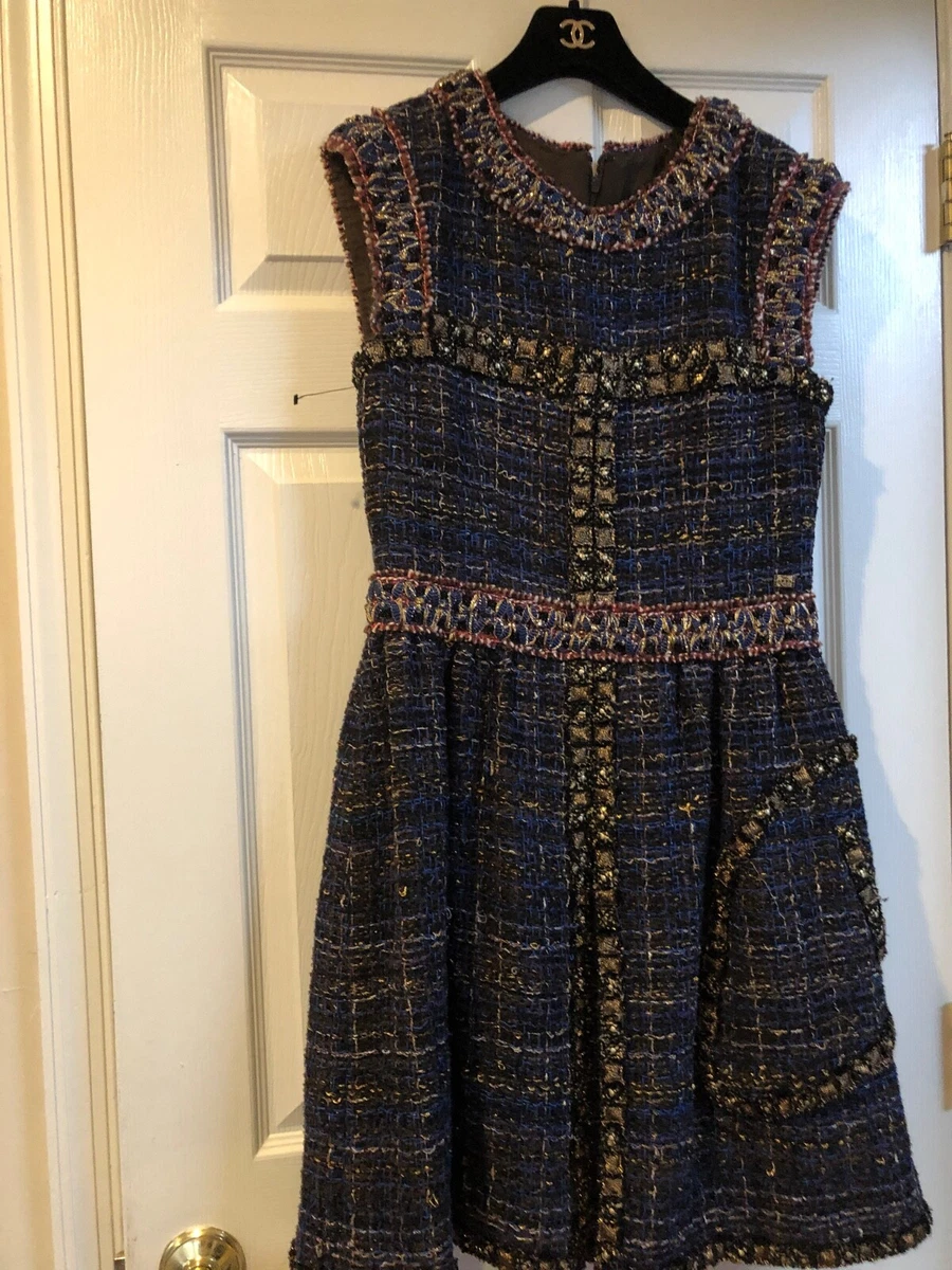 CHANEL 11A Paris- Byzance TWEED Blue Multicolor Gold Dress CC Logo FR40-38  $9.5K