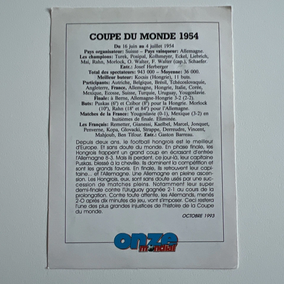 CARD SWISS 1954 WORLD CUP FOOTBALL ONZE MONDIAL COUPE MONDE SOCCER - Photo 2/2