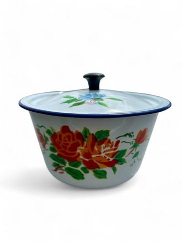 Vintage LUCKY ELEPHANT enamel bowl with lid lidded roses floral CHINA 1950's - Picture 4 of 9
