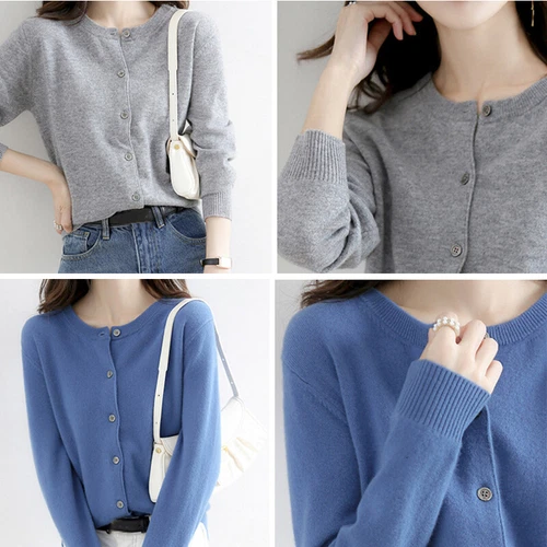 Women's Cashmere Blend Sweater Solid Color Crew Neck Button Cardigan Jacket Coat - Bild 5 von 23