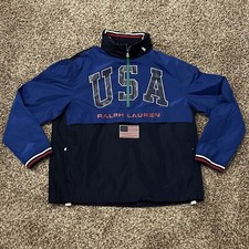 Polo Ralph Lauren USA Windbreaker Jacket Blue Zip Hood Olympics Men's Sz Large