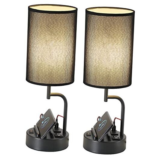 Table Lamp with 3 USB Charging Ports, Modern Desk Lamp with AC Outlet Black-image