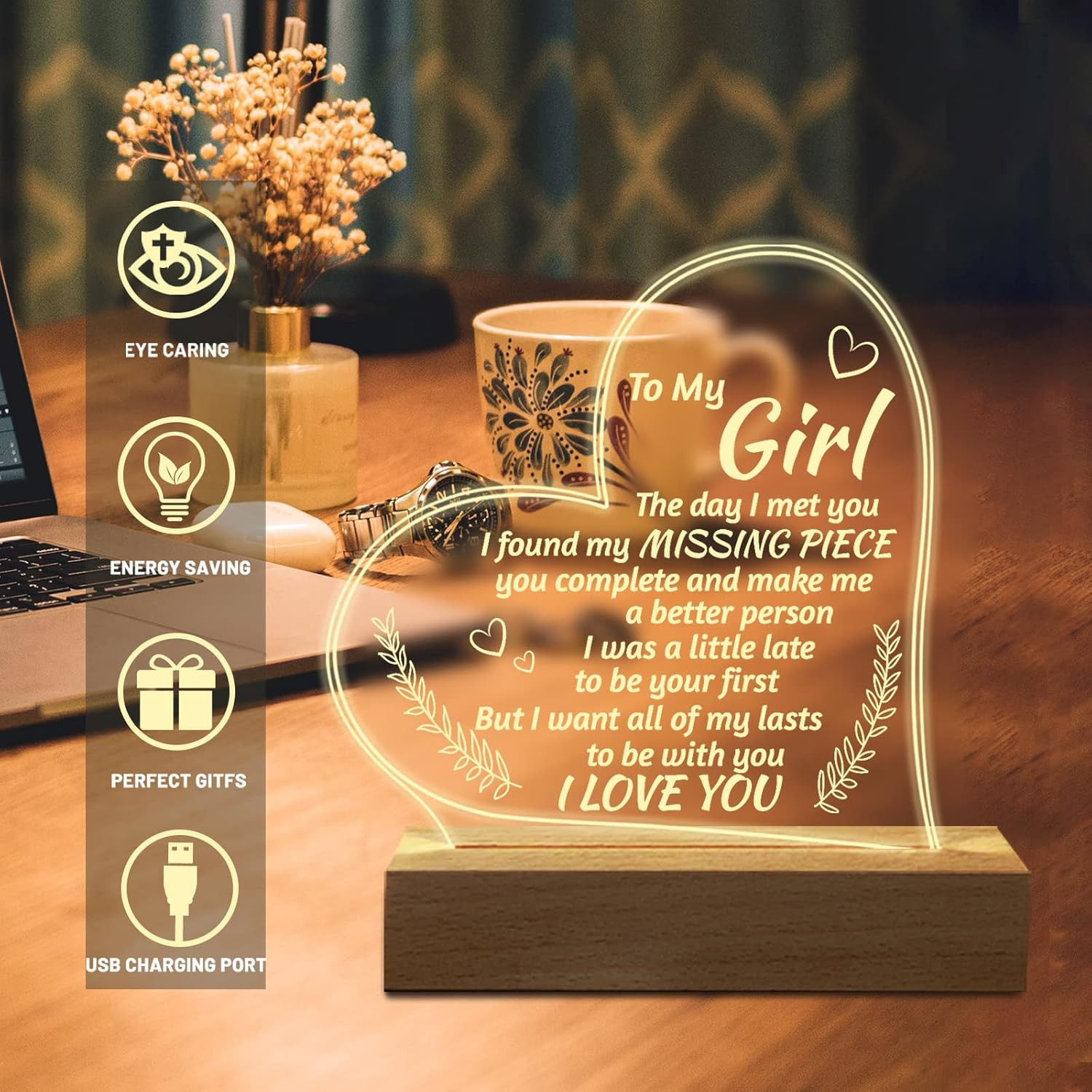 Engraved Night Light for Girlfriend - Romantic Gift for Anniversary or Birthday