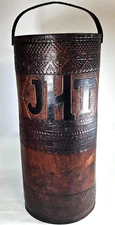 Very Heavy Brown Leather Umbrella Holder Stand Cane Bucket Tooled Raw Hide 18"