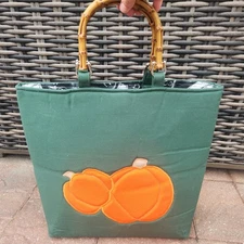 Handmade Pumpkin Tote Bag w/ Snap Closure & Bamboo Handles Dark Green Halloween