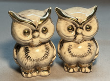 Vintage MCM 1970 Pair of 3.75" Ceramic Owls w/ Gold Accents - Marked on Bottom