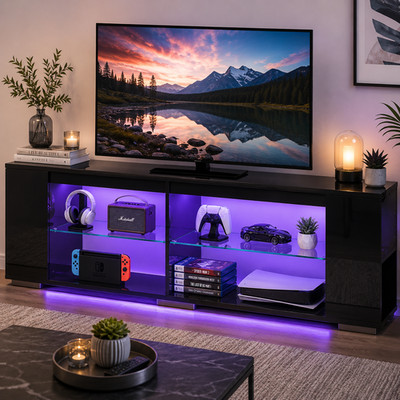 LED TV Stand for TVs up to 80'' Gaming Entertainment Center w/ Shelves Black