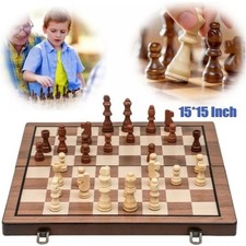 15" Magnetic Wooden Chess Checkers Set Folding Portable Chess Game Board Travel