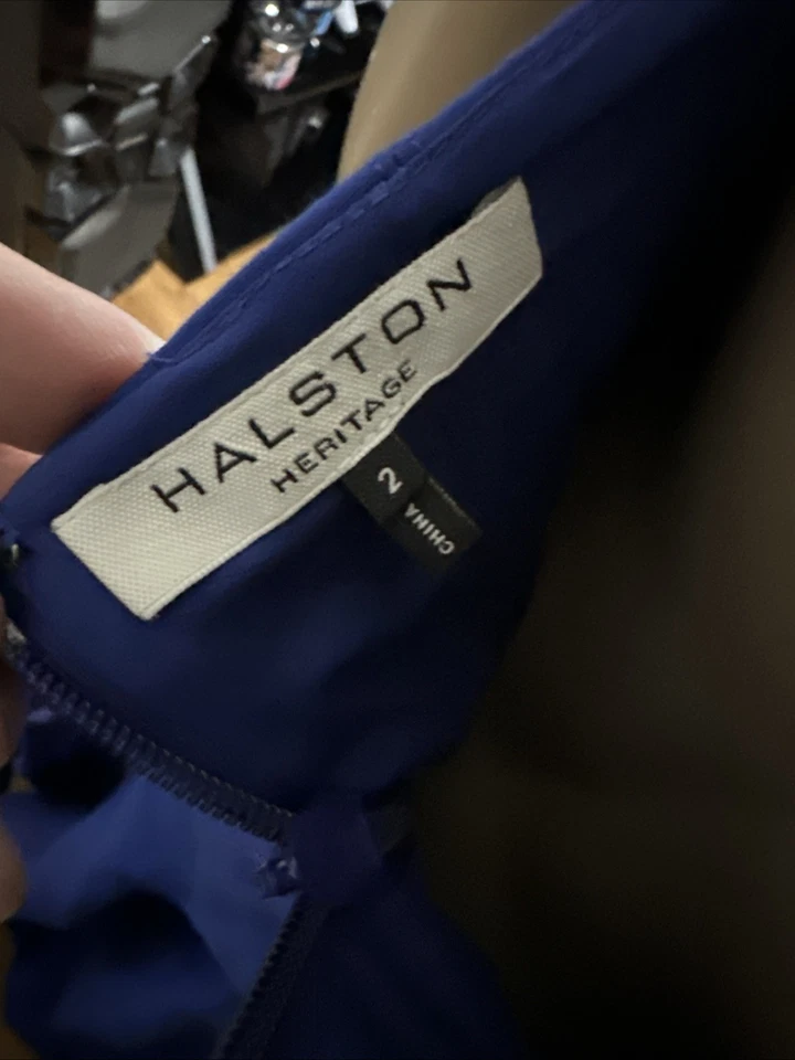 Vestido Halston Azul Real Heritage Sin Mangas Halter Vestido Formal Talla 2 Algodón/Seda Foto 2 de 4