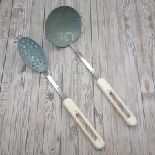 Vintage Bonny Blue Slotted Holes Nylon Serving Spoon & Ladle White Handle Set