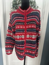Vintage Y2K Tiara Nordic Fair Isle zip Cardigan sweater snowflakes Cottage Large