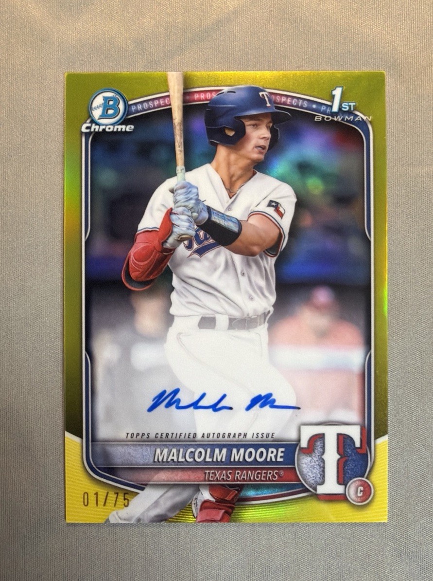 2025 Bowman Chrome 1st Bowman Yellow Malcolm Moore #1/75 Auto CPA-MMO RANGERS