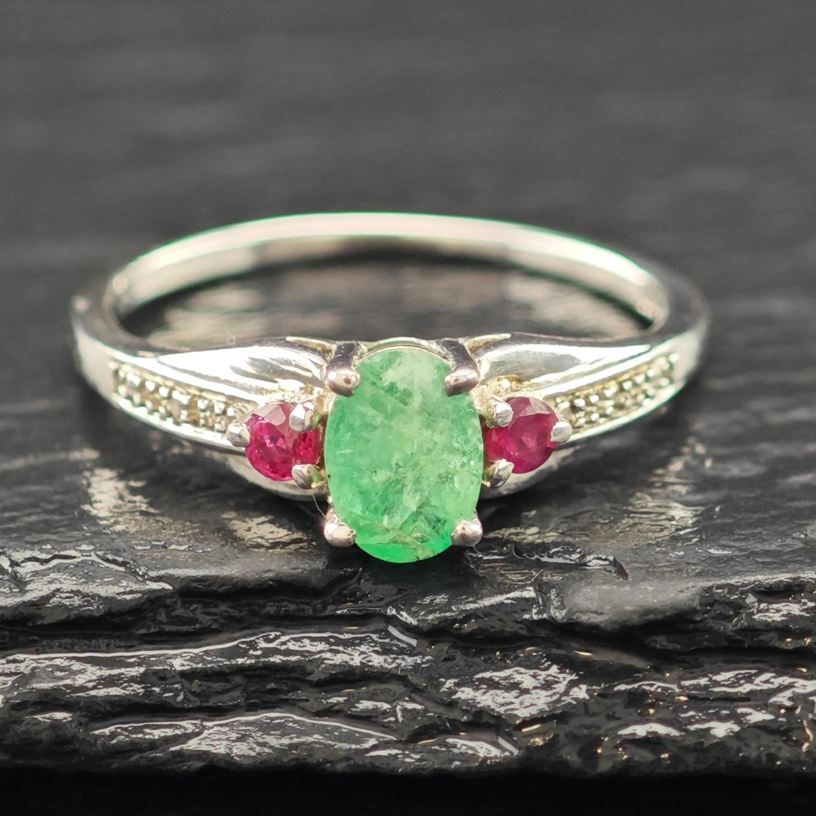 Emerald Ruby Gemstone Ring Sterling Silver Size 9 - image 1
