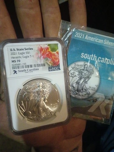 2021 Silver Eagle  T-1 Heraldic State Series South Carolina NGC MS 70