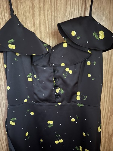 Milly Cherry Print Stretch Satin Petal Long Dress in Black Yellow Sleeveless Sz2 - Picture 3 of 6