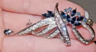 Vintage Clear Navy Blue Rhinestone Flower Silvertone Metal Pin Costume Jewelry
