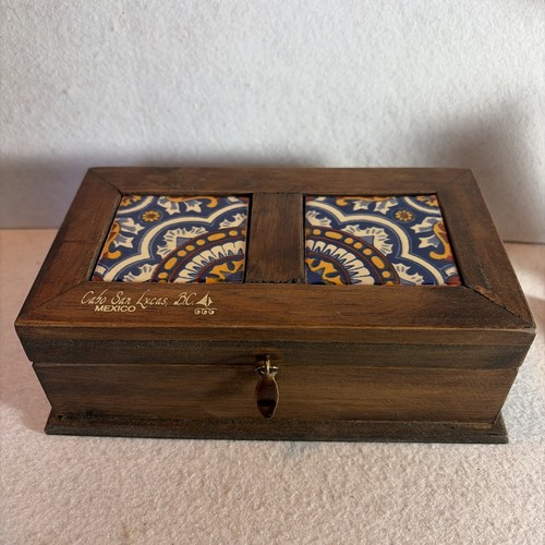 Handmade Wooden Trinket Box with Painted Tiles El Viejo Arte Style