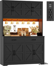 71" Tall Kitchen Pantry Cabinet with RGB LED and Charging Station, Black
