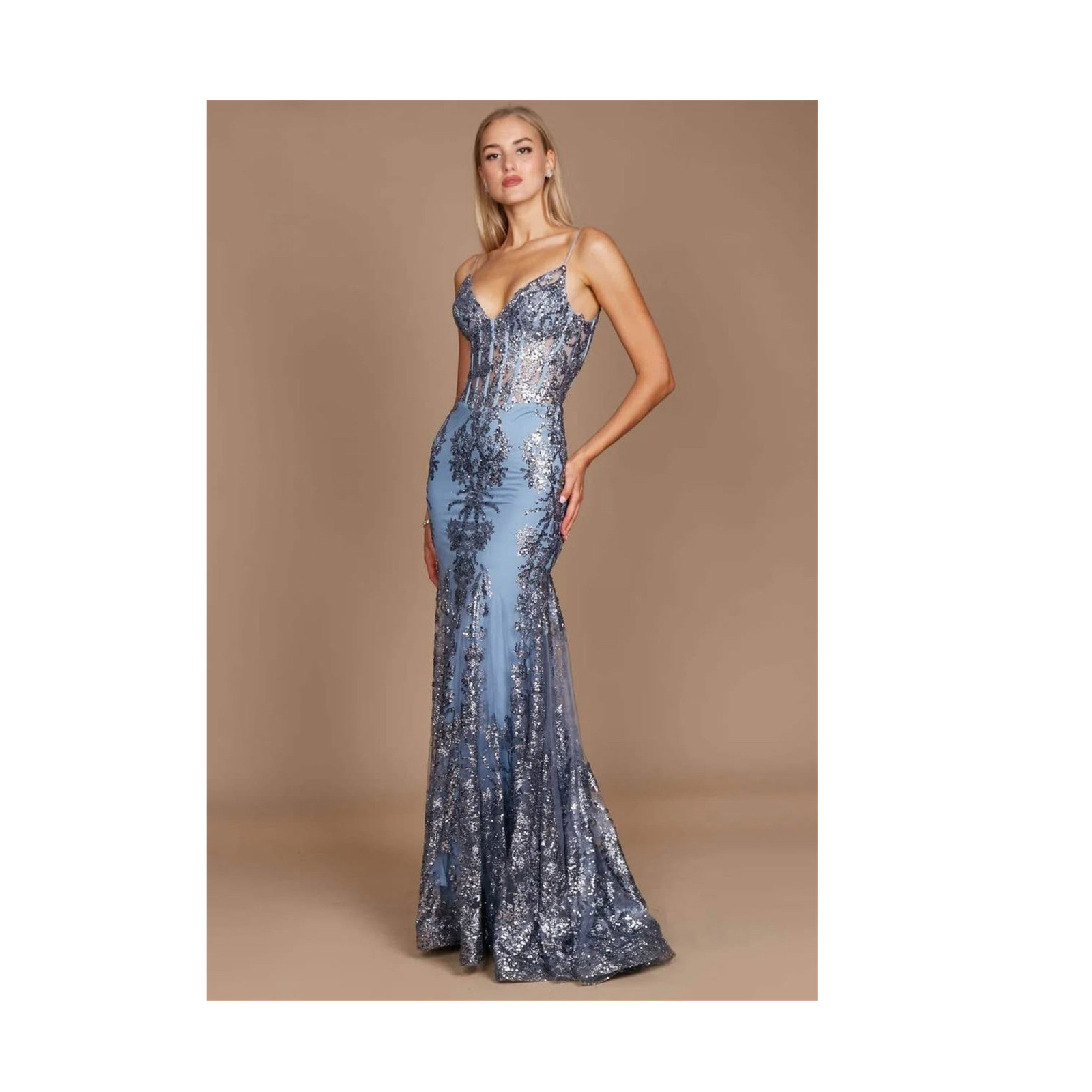 Women’s Blue Sequin & Beaded V-Neck Strappy Sleeveless Corset Gown Size 8