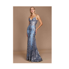 Women  s Blue Sequin  Beaded V-Neck Strappy Sleeveless Corset Gown Size 8