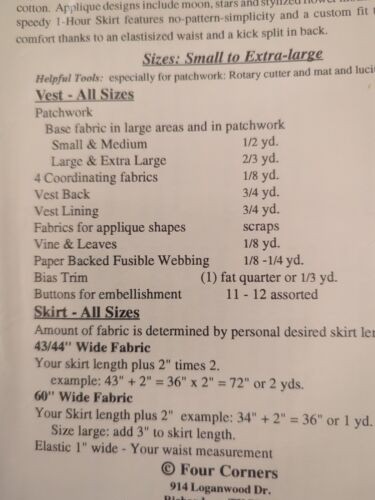 Four Corners: BEST VEST & 1 HOUR SKIRT Patchwork Quilt Pattern #5503 - Size S-XL - Picture 5 of 5